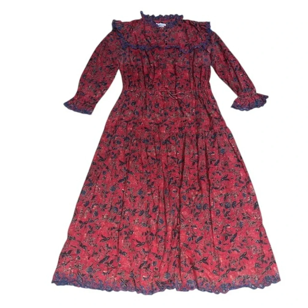 Isabel Marant Etoile Elina Floral Tiered Ruffle‎ Cinched Waist Midi Dress Red 12